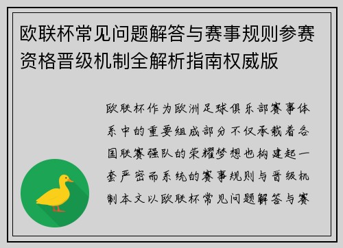 欧联杯常见问题解答与赛事规则参赛资格晋级机制全解析指南权威版