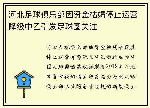 河北足球俱乐部因资金枯竭停止运营降级中乙引发足球圈关注